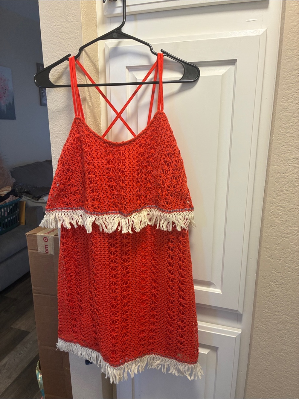 Ya Los Angeles orange Crocheted Fringe sleeveless boho Dress